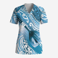 Personalised New Zealand Aotearoa Darts Masters Scrub Top Maori Art Tattoo with Tribal Dart Symbol Blue - Polynesian Pride