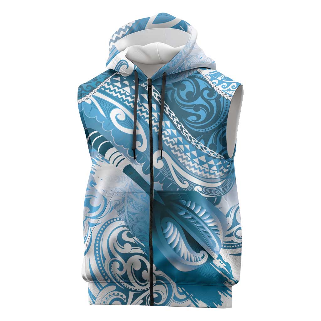 Personalised New Zealand Aotearoa Darts Masters Sleeveless Zip Hoodie Maori Art Tattoo with Tribal Dart Symbol Blue LT03 Blue - Polynesian Pride