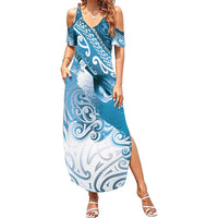 Personalised New Zealand Aotearoa Darts Masters Summer Maxi Dress Maori Art Tattoo with Tribal Dart Symbol Blue LT03 Women Blue - Polynesian Pride