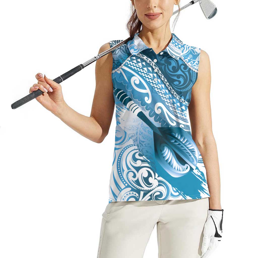 Personalised New Zealand Aotearoa Darts Masters Women Sleeveless Polo Shirt Maori Art Tattoo with Tribal Dart Symbol Blue LT03 - Polynesian Pride
