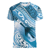 Personalised New Zealand Aotearoa Darts Masters Women V-Neck T-Shirt Maori Art Tattoo with Tribal Dart Symbol Blue LT03 Female Blue - Polynesian Pride