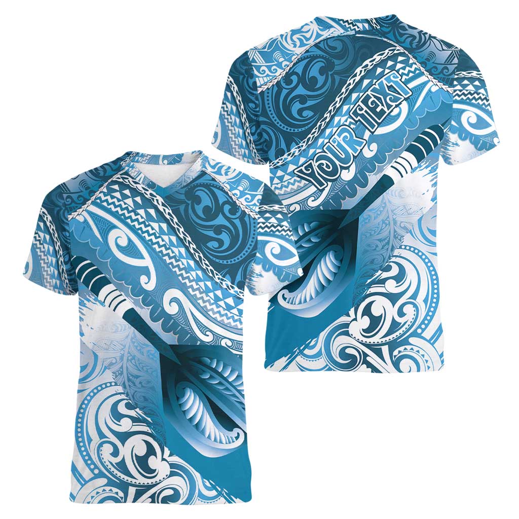 Personalised New Zealand Aotearoa Darts Masters Women V-Neck T-Shirt Maori Art Tattoo with Tribal Dart Symbol Blue LT03 - Polynesian Pride