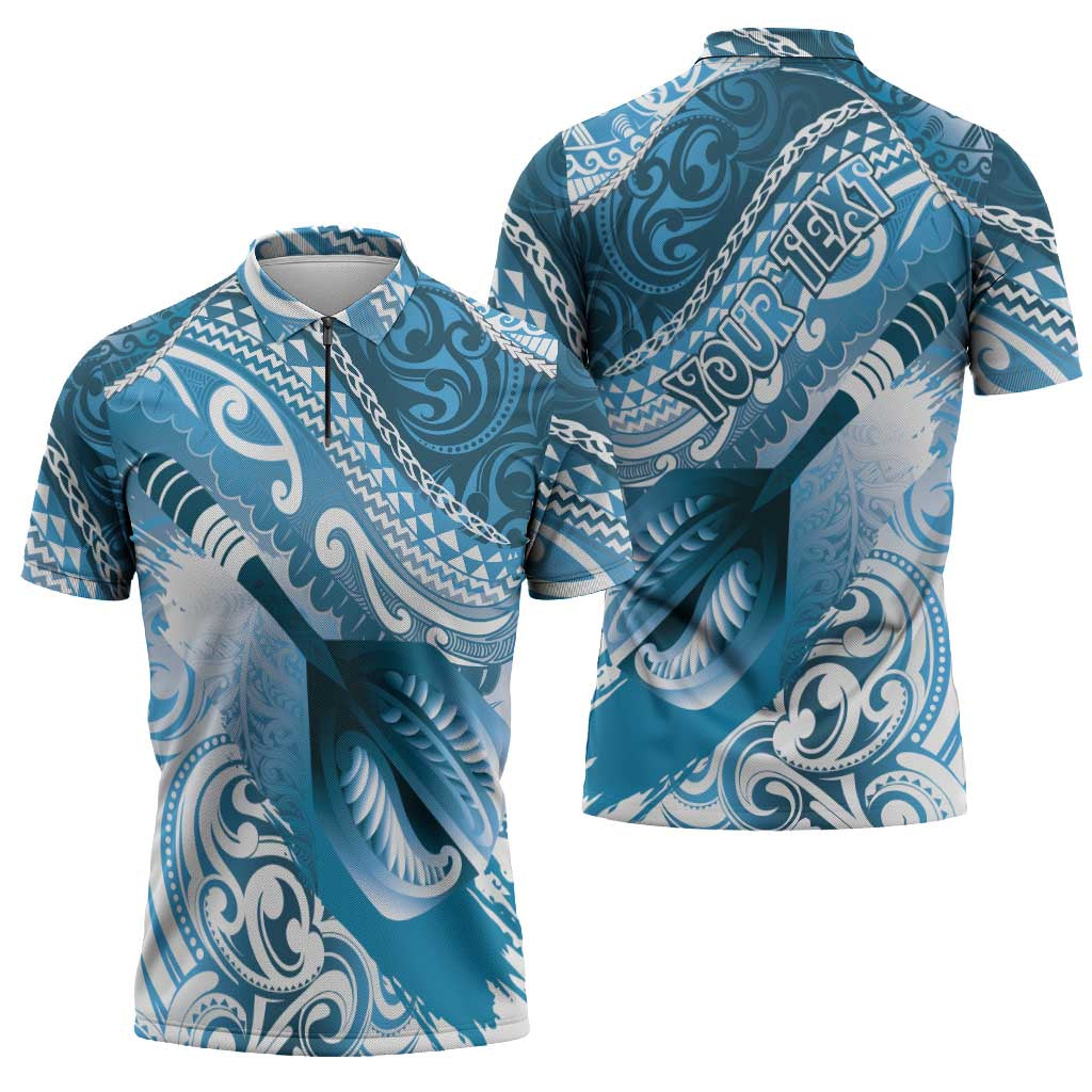 Personalised New Zealand Aotearoa Darts Masters Zipper Polo Shirt Maori Art Tattoo with Tribal Dart Symbol Blue LT03 - Polynesian Pride