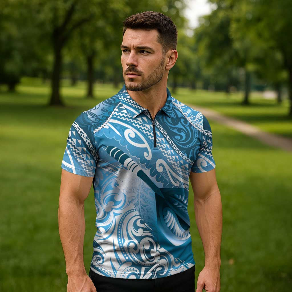 Personalised New Zealand Aotearoa Darts Masters Zipper Polo Shirt Maori Art Tattoo with Tribal Dart Symbol Blue LT03 - Polynesian Pride