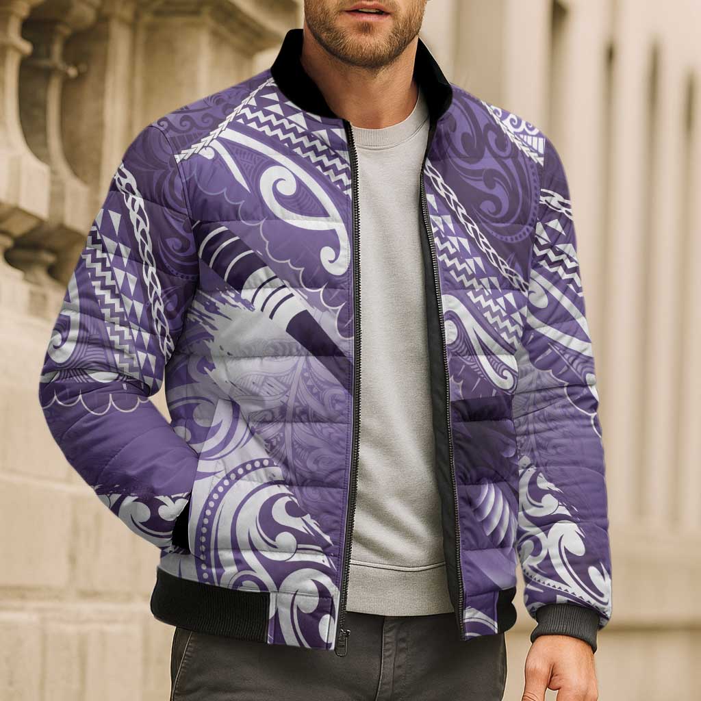 Personalised New Zealand Aotearoa Darts Masters Bomber Puffer Jacket Maori Art Tattoo with Tribal Dart Symbol Purple LT03 - Polynesian Pride