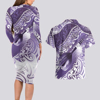 Personalised New Zealand Aotearoa Darts Masters Couples Matching Long Sleeve Bodycon Dress and Hawaiian Shirt Maori Art Tattoo with Tribal Dart Symbol Purple LT03 - Polynesian Pride