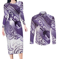 Personalised New Zealand Aotearoa Darts Masters Couples Matching Long Sleeve Bodycon Dress and Long Sleeve Button Shirt Maori Art Tattoo with Tribal Dart Symbol Purple LT03 Purple - Polynesian Pride