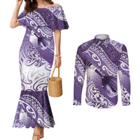 Personalised New Zealand Aotearoa Darts Masters Couples Matching Mermaid Dress and Long Sleeve Button Shirt Maori Art Tattoo with Tribal Dart Symbol Purple LT03 Purple - Polynesian Pride