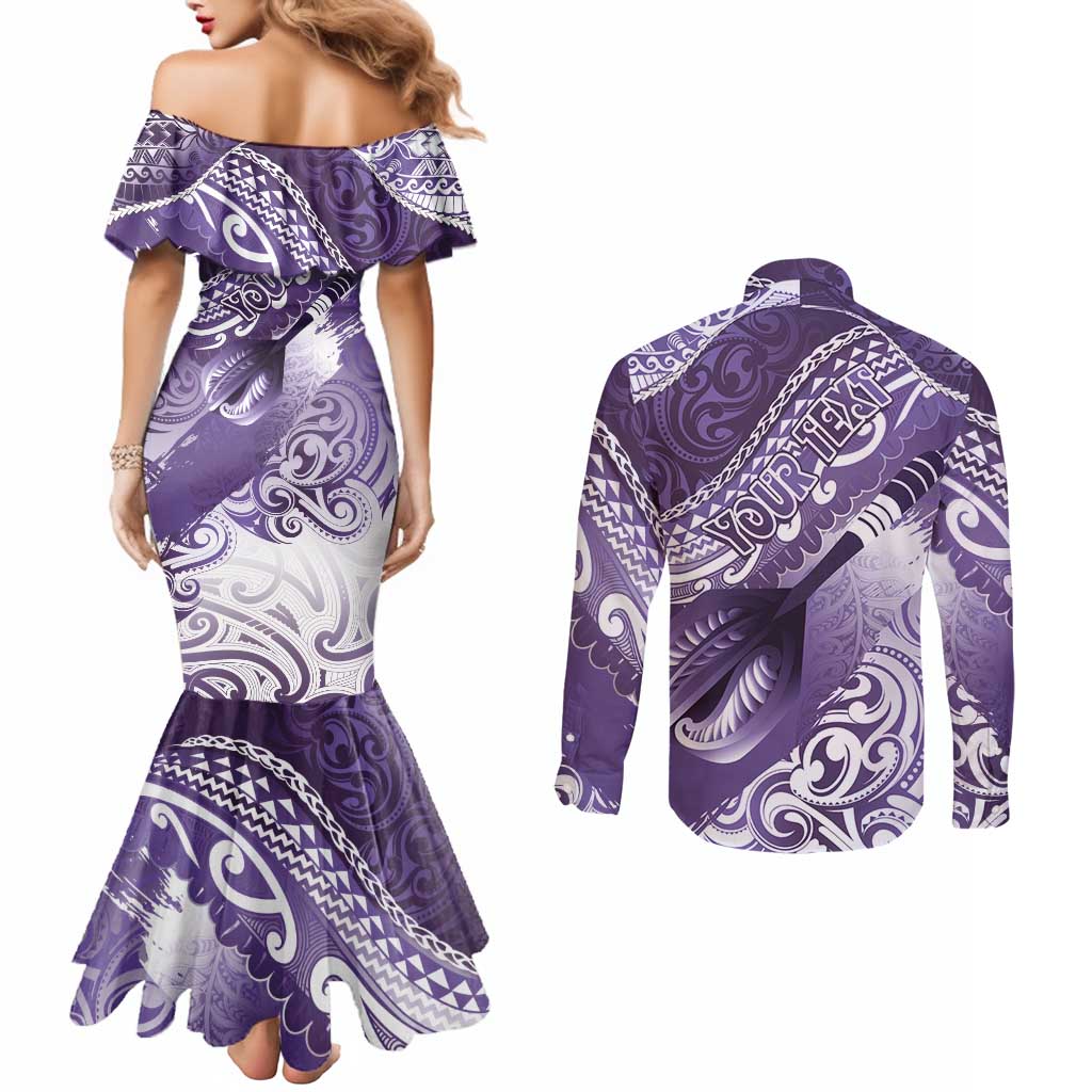 Personalised New Zealand Aotearoa Darts Masters Couples Matching Mermaid Dress and Long Sleeve Button Shirt Maori Art Tattoo with Tribal Dart Symbol Purple LT03 - Polynesian Pride