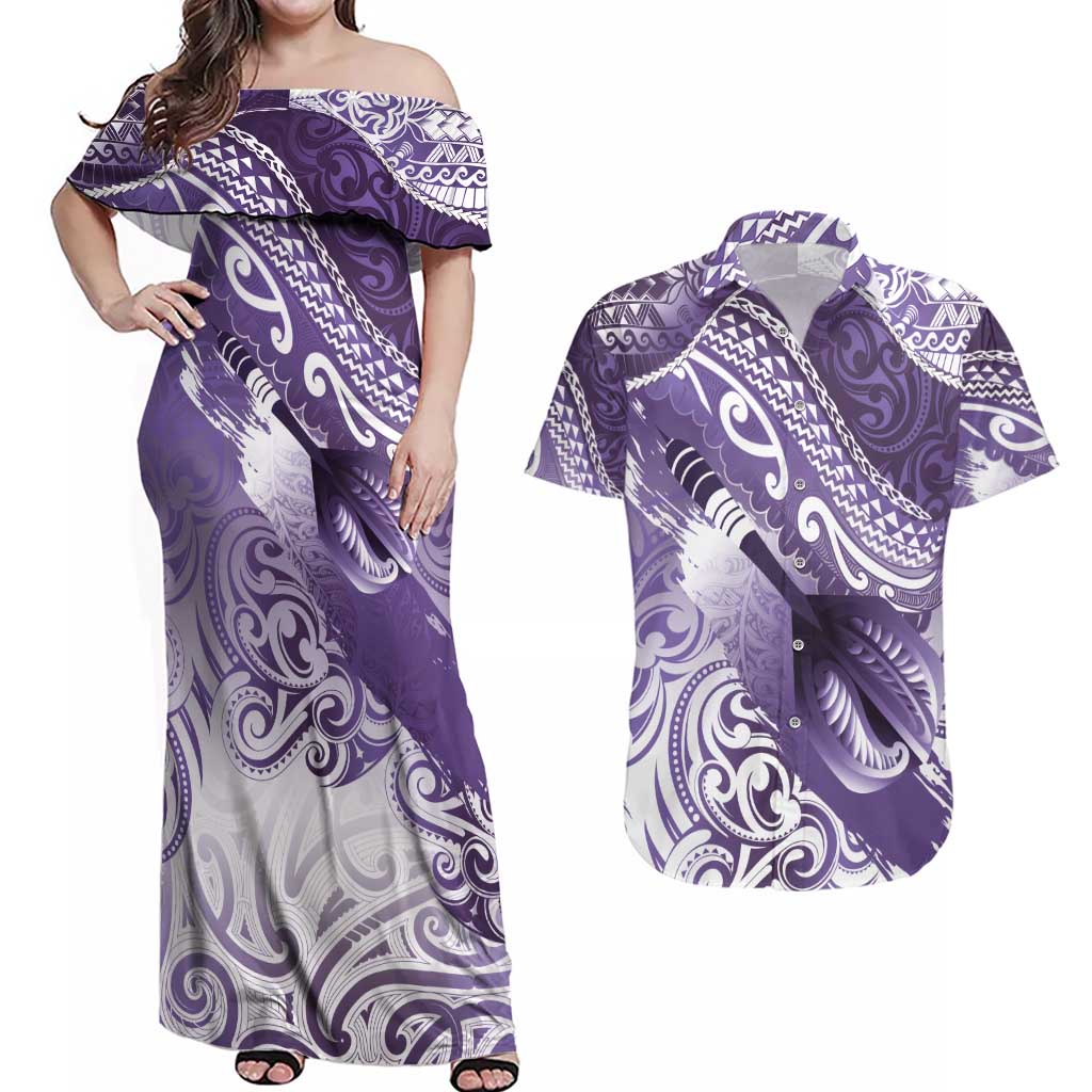 Personalised New Zealand Aotearoa Darts Masters Couples Matching Off Shoulder Maxi Dress and Hawaiian Shirt Maori Art Tattoo with Tribal Dart Symbol Purple LT03 Purple - Polynesian Pride