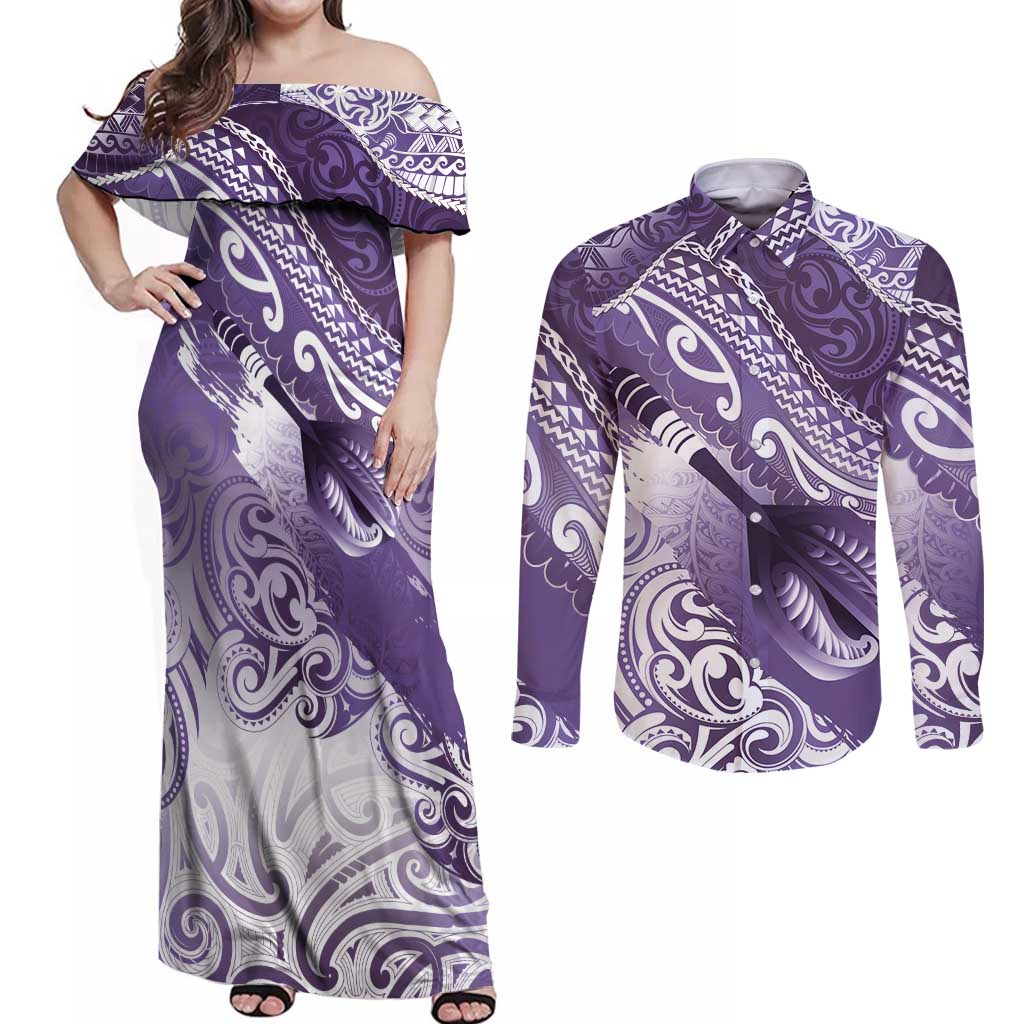 Personalised New Zealand Aotearoa Darts Masters Couples Matching Off Shoulder Maxi Dress and Long Sleeve Button Shirt Maori Art Tattoo with Tribal Dart Symbol Purple LT03 Purple - Polynesian Pride