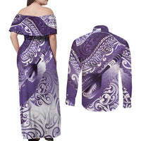 Personalised New Zealand Aotearoa Darts Masters Couples Matching Off Shoulder Maxi Dress and Long Sleeve Button Shirt Maori Art Tattoo with Tribal Dart Symbol Purple LT03 - Polynesian Pride