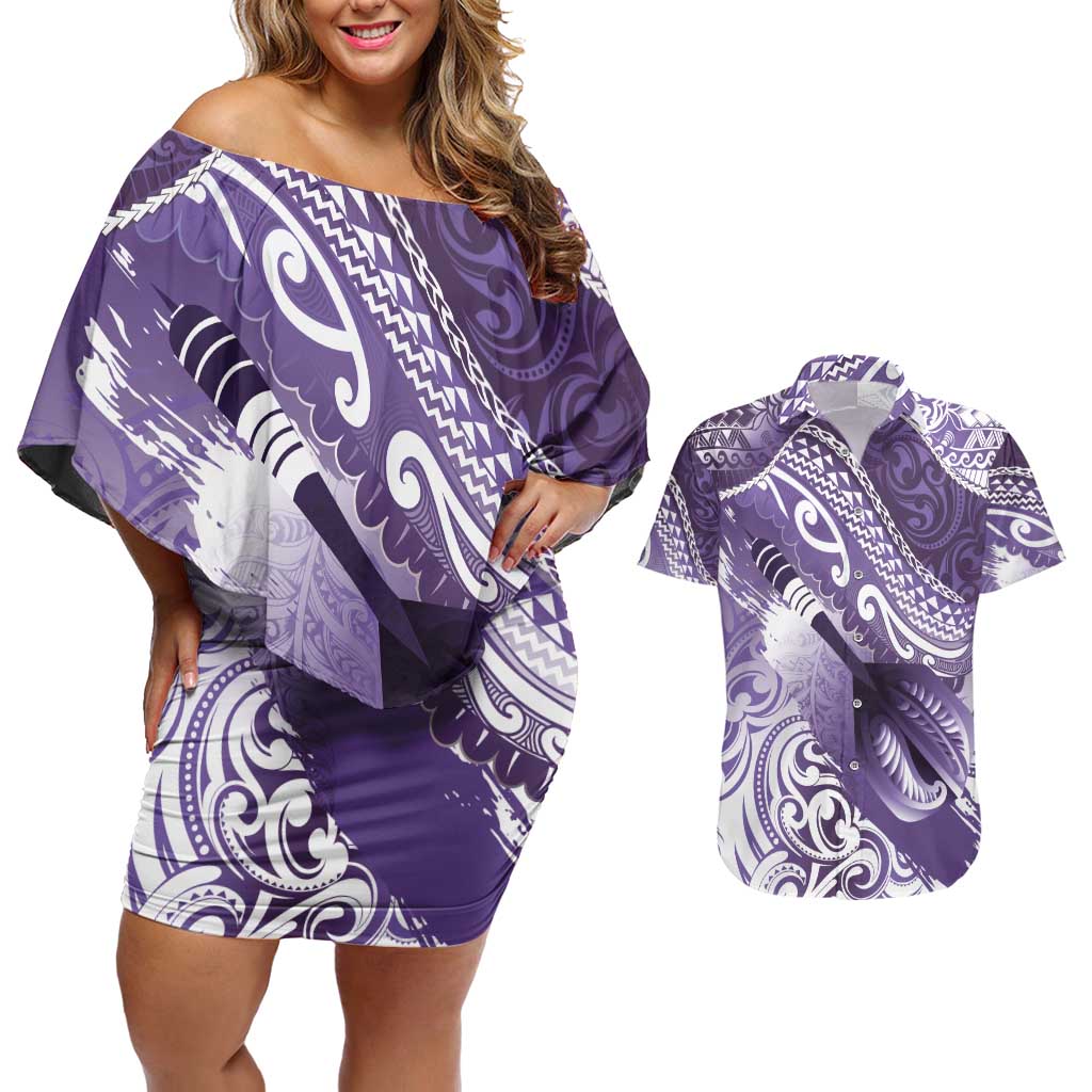 Personalised New Zealand Aotearoa Darts Masters Couples Matching Off Shoulder Short Dress and Hawaiian Shirt Maori Art Tattoo with Tribal Dart Symbol Purple LT03 Purple - Polynesian Pride