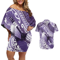 Personalised New Zealand Aotearoa Darts Masters Couples Matching Off Shoulder Short Dress and Hawaiian Shirt Maori Art Tattoo with Tribal Dart Symbol Purple LT03 Purple - Polynesian Pride