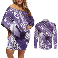 Personalised New Zealand Aotearoa Darts Masters Couples Matching Off Shoulder Short Dress and Long Sleeve Button Shirt Maori Art Tattoo with Tribal Dart Symbol Purple LT03 Purple - Polynesian Pride