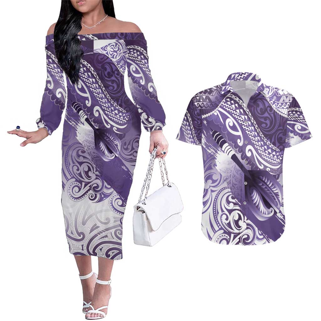 Personalised New Zealand Aotearoa Darts Masters Couples Matching Off The Shoulder Long Sleeve Dress and Hawaiian Shirt Maori Art Tattoo with Tribal Dart Symbol Purple LT03 Purple - Polynesian Pride