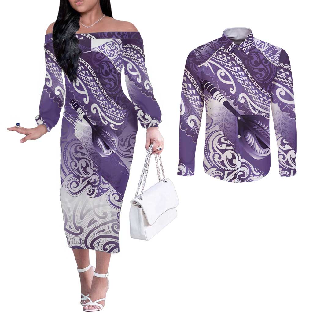 Personalised New Zealand Aotearoa Darts Masters Couples Matching Off The Shoulder Long Sleeve Dress and Long Sleeve Button Shirt Maori Art Tattoo with Tribal Dart Symbol Purple LT03 Purple - Polynesian Pride