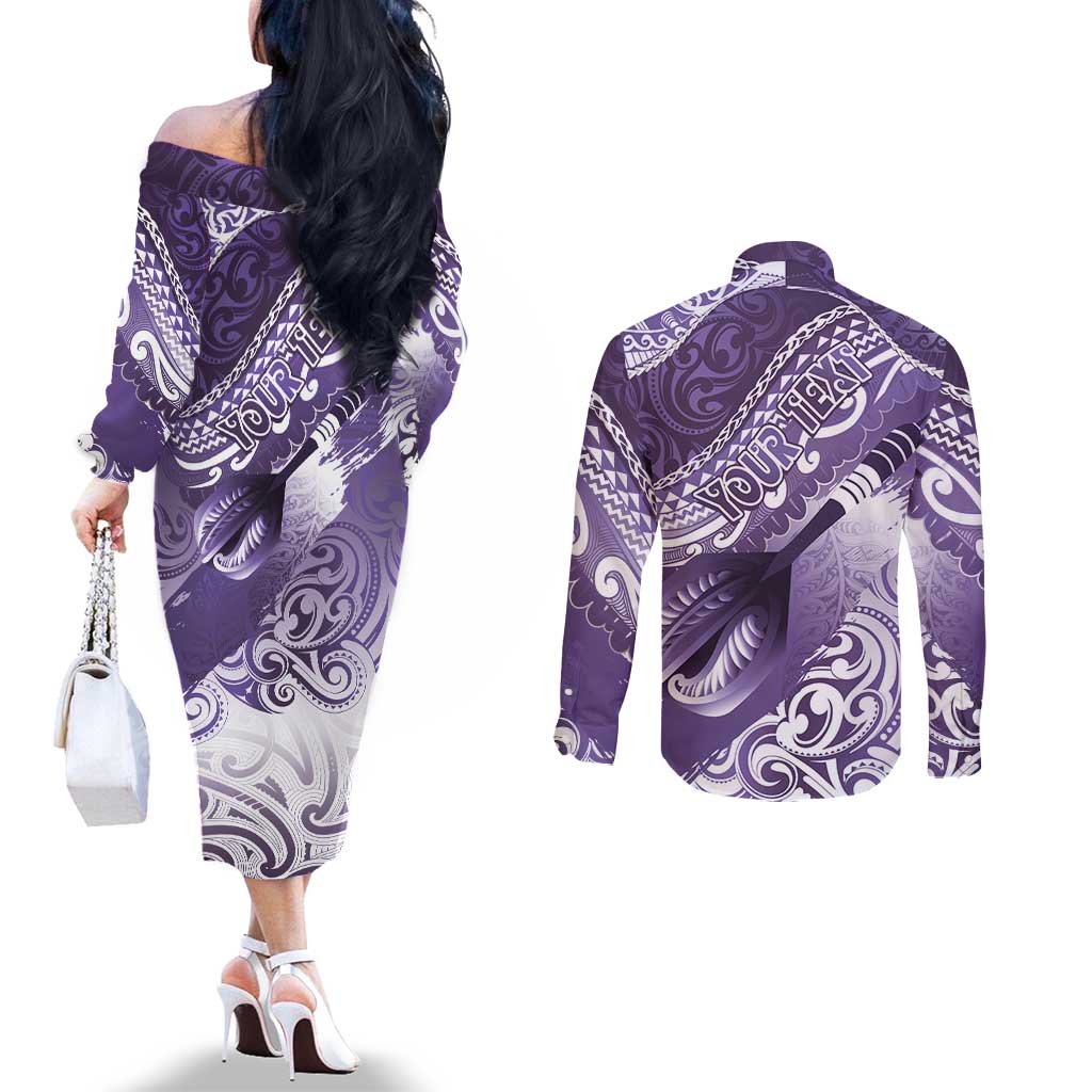 Personalised New Zealand Aotearoa Darts Masters Couples Matching Off The Shoulder Long Sleeve Dress and Long Sleeve Button Shirt Maori Art Tattoo with Tribal Dart Symbol Purple LT03 - Polynesian Pride