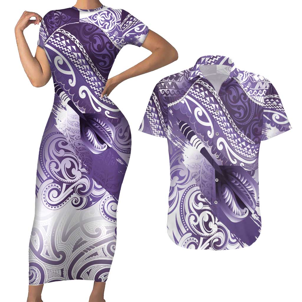 Personalised New Zealand Aotearoa Darts Masters Couples Matching Short Sleeve Bodycon Dress and Hawaiian Shirt Maori Art Tattoo with Tribal Dart Symbol Purple LT03 Purple - Polynesian Pride