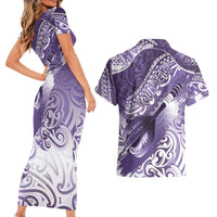 Personalised New Zealand Aotearoa Darts Masters Couples Matching Short Sleeve Bodycon Dress and Hawaiian Shirt Maori Art Tattoo with Tribal Dart Symbol Purple LT03 - Polynesian Pride