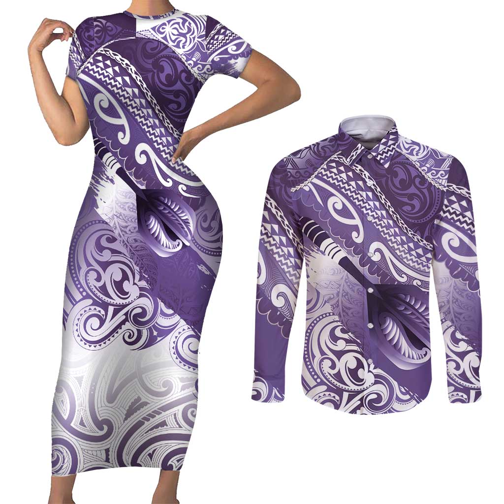 Personalised New Zealand Aotearoa Darts Masters Couples Matching Short Sleeve Bodycon Dress and Long Sleeve Button Shirt Maori Art Tattoo with Tribal Dart Symbol Purple LT03 Purple - Polynesian Pride