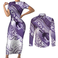Personalised New Zealand Aotearoa Darts Masters Couples Matching Short Sleeve Bodycon Dress and Long Sleeve Button Shirt Maori Art Tattoo with Tribal Dart Symbol Purple LT03 Purple - Polynesian Pride