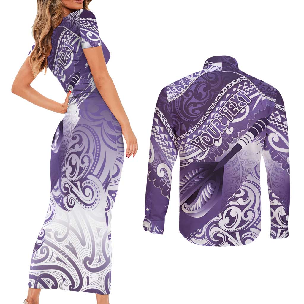 Personalised New Zealand Aotearoa Darts Masters Couples Matching Short Sleeve Bodycon Dress and Long Sleeve Button Shirt Maori Art Tattoo with Tribal Dart Symbol Purple LT03 - Polynesian Pride