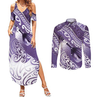 Personalised New Zealand Aotearoa Darts Masters Couples Matching Summer Maxi Dress and Long Sleeve Button Shirt Maori Art Tattoo with Tribal Dart Symbol Purple LT03 Purple - Polynesian Pride