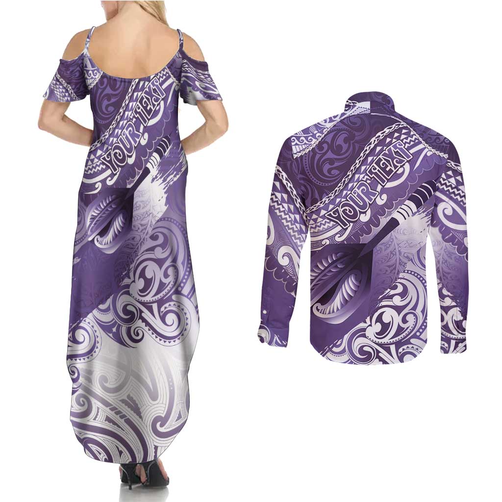 Personalised New Zealand Aotearoa Darts Masters Couples Matching Summer Maxi Dress and Long Sleeve Button Shirt Maori Art Tattoo with Tribal Dart Symbol Purple LT03 - Polynesian Pride