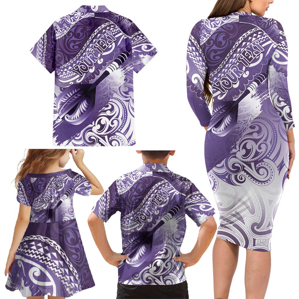Personalised New Zealand Aotearoa Darts Masters Family Matching Long Sleeve Bodycon Dress and Hawaiian Shirt Maori Art Tattoo with Tribal Dart Symbol Purple LT03 - Polynesian Pride