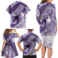 Personalised New Zealand Aotearoa Darts Masters Family Matching Long Sleeve Bodycon Dress and Hawaiian Shirt Maori Art Tattoo with Tribal Dart Symbol Purple LT03 - Polynesian Pride
