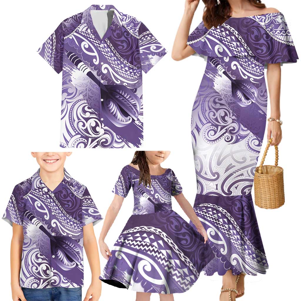Personalised New Zealand Aotearoa Darts Masters Family Matching Mermaid Dress and Hawaiian Shirt Maori Art Tattoo with Tribal Dart Symbol Purple LT03 - Polynesian Pride
