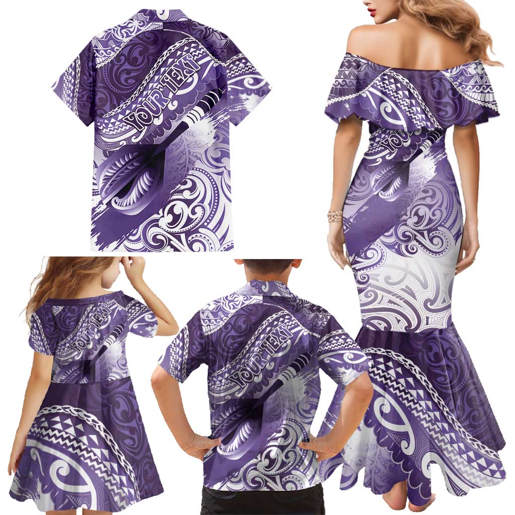 Personalised New Zealand Aotearoa Darts Masters Family Matching Mermaid Dress and Hawaiian Shirt Maori Art Tattoo with Tribal Dart Symbol Purple LT03 - Polynesian Pride