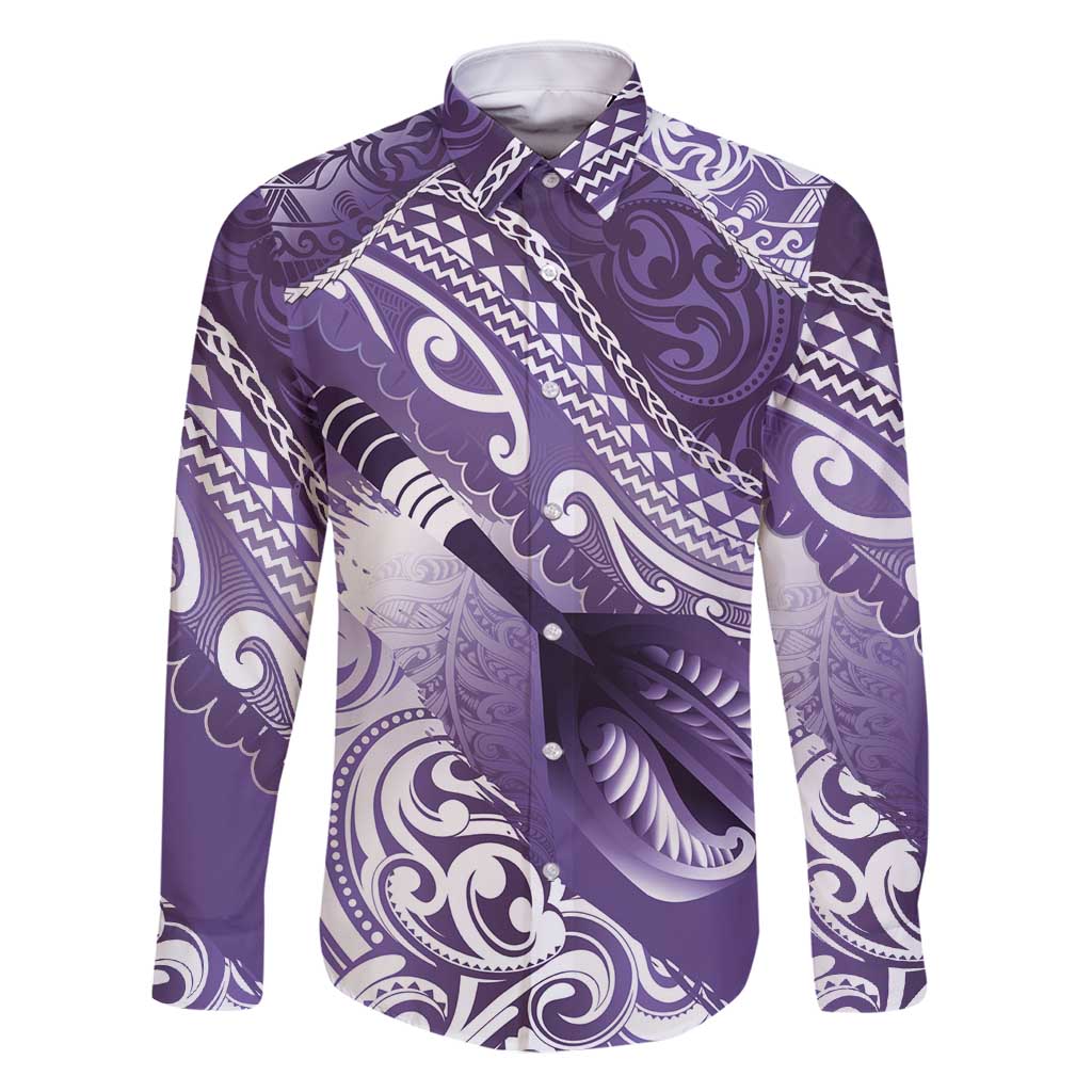 Personalised New Zealand Aotearoa Darts Masters Family Matching Mermaid Dress and Hawaiian Shirt Maori Art Tattoo with Tribal Dart Symbol Purple LT03 Dad's Shirt - Long Sleeve Purple - Polynesian Pride