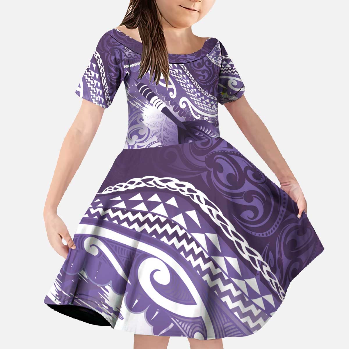 Personalised New Zealand Aotearoa Darts Masters Family Matching Off The Shoulder Long Sleeve Dress and Hawaiian Shirt Maori Art Tattoo with Tribal Dart Symbol Purple LT03 Daughter's Dress Purple - Polynesian Pride