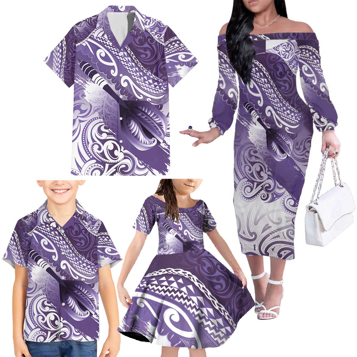 Personalised New Zealand Aotearoa Darts Masters Family Matching Off The Shoulder Long Sleeve Dress and Hawaiian Shirt Maori Art Tattoo with Tribal Dart Symbol Purple LT03 - Polynesian Pride