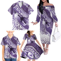 Personalised New Zealand Aotearoa Darts Masters Family Matching Off The Shoulder Long Sleeve Dress and Hawaiian Shirt Maori Art Tattoo with Tribal Dart Symbol Purple LT03 - Polynesian Pride