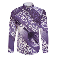 Personalised New Zealand Aotearoa Darts Masters Family Matching Off The Shoulder Long Sleeve Dress and Hawaiian Shirt Maori Art Tattoo with Tribal Dart Symbol Purple LT03 Dad's Shirt - Long Sleeve Purple - Polynesian Pride