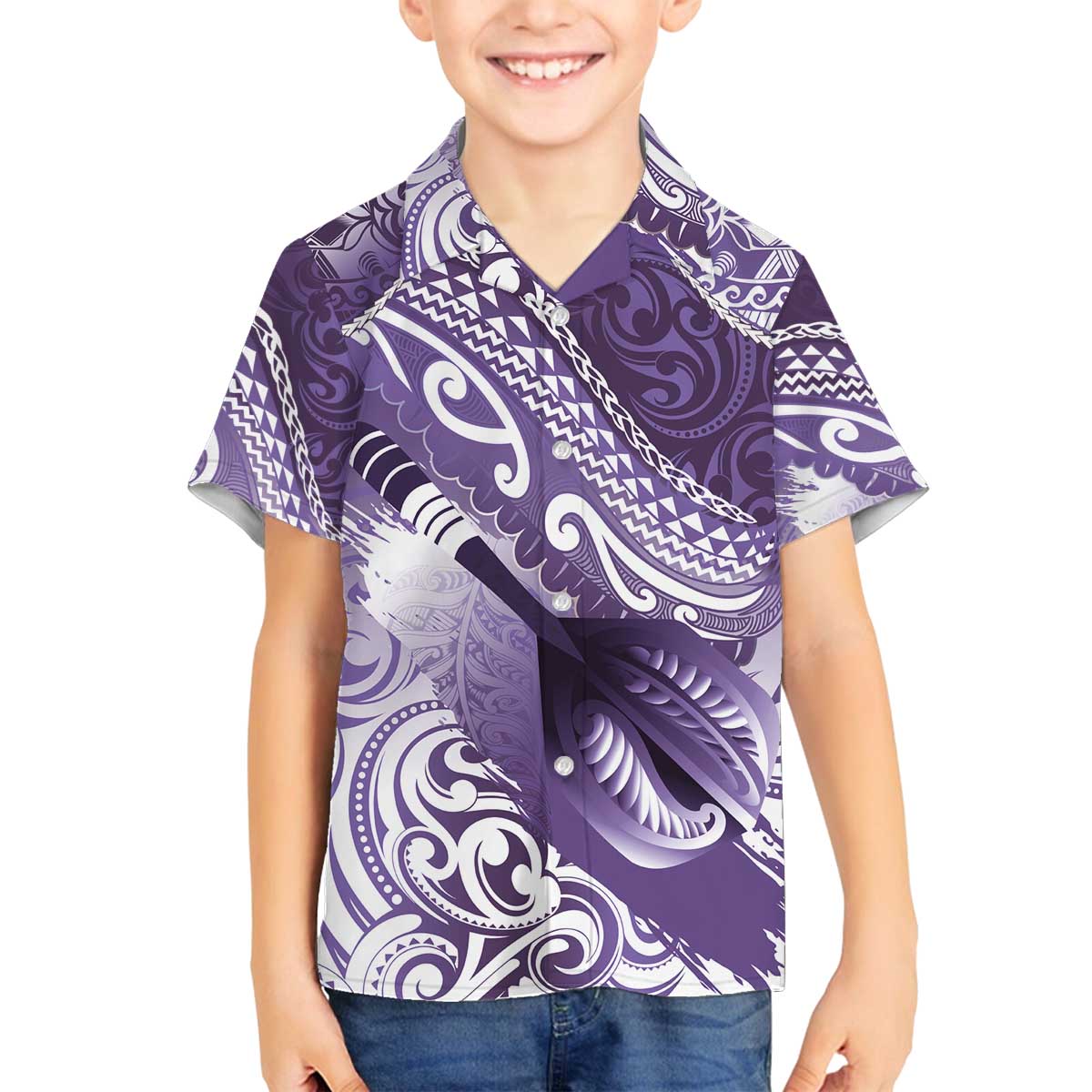 Personalised New Zealand Aotearoa Darts Masters Family Matching Off The Shoulder Long Sleeve Dress and Hawaiian Shirt Maori Art Tattoo with Tribal Dart Symbol Purple LT03 Son's Shirt Purple - Polynesian Pride