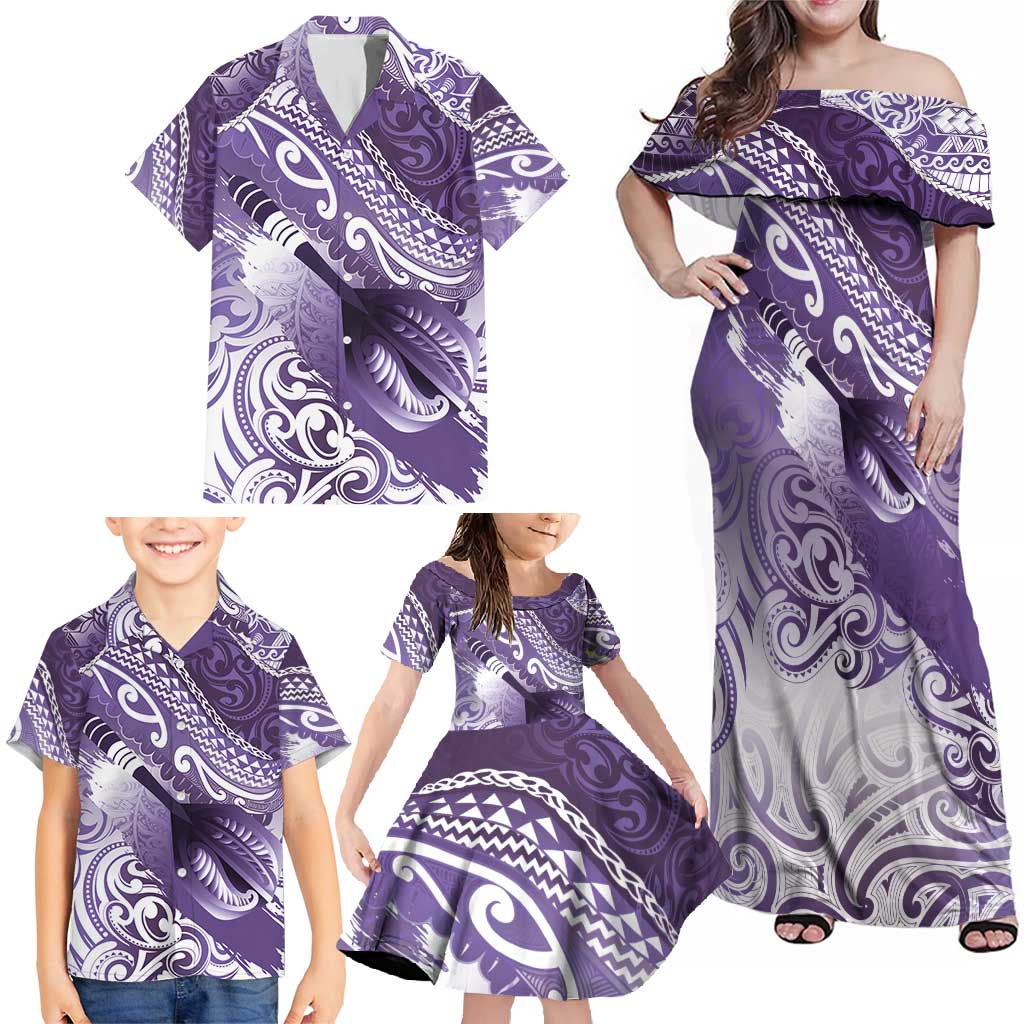 Personalised New Zealand Aotearoa Darts Masters Family Matching Off Shoulder Maxi Dress and Hawaiian Shirt Maori Art Tattoo with Tribal Dart Symbol Purple LT03 - Polynesian Pride