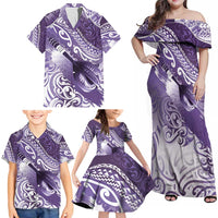 Personalised New Zealand Aotearoa Darts Masters Family Matching Off Shoulder Maxi Dress and Hawaiian Shirt Maori Art Tattoo with Tribal Dart Symbol Purple LT03 - Polynesian Pride