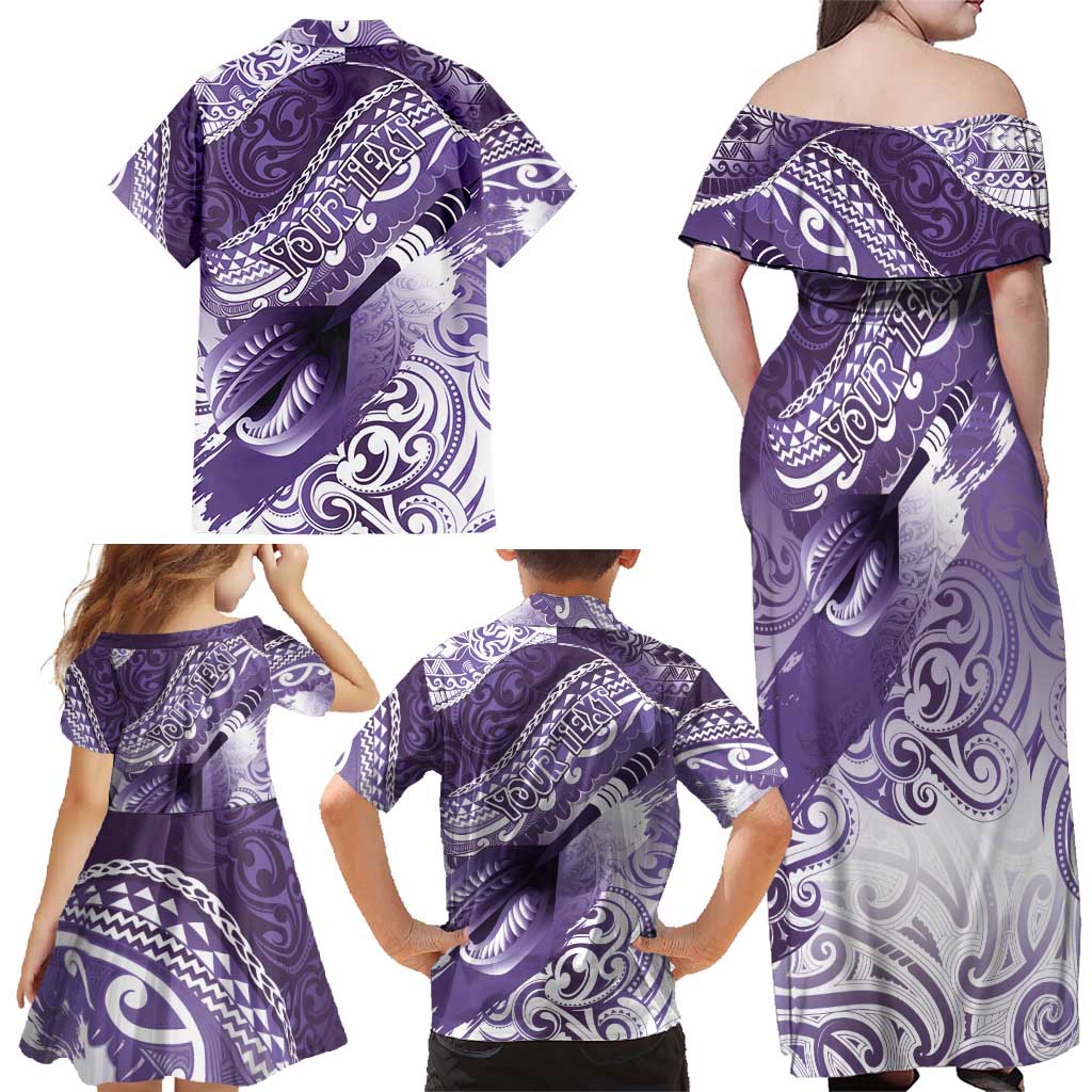 Personalised New Zealand Aotearoa Darts Masters Family Matching Off Shoulder Maxi Dress and Hawaiian Shirt Maori Art Tattoo with Tribal Dart Symbol Purple LT03 - Polynesian Pride