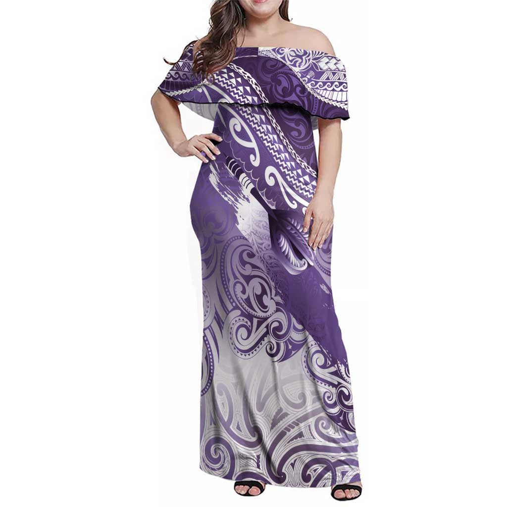 Personalised New Zealand Aotearoa Darts Masters Family Matching Off Shoulder Maxi Dress and Hawaiian Shirt Maori Art Tattoo with Tribal Dart Symbol Purple LT03 Mom's Dress Purple - Polynesian Pride