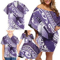 Personalised New Zealand Aotearoa Darts Masters Family Matching Off Shoulder Short Dress and Hawaiian Shirt Maori Art Tattoo with Tribal Dart Symbol Purple LT03 - Polynesian Pride