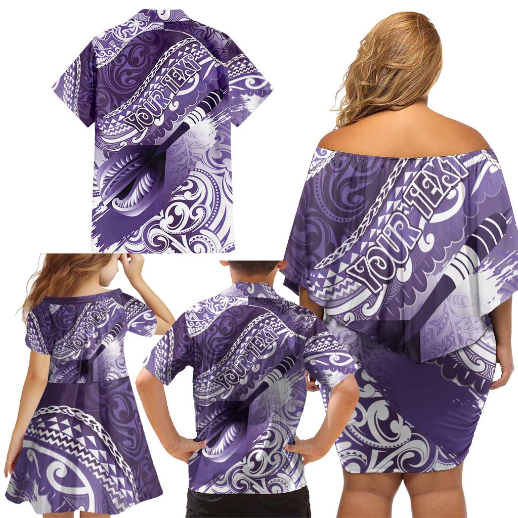 Personalised New Zealand Aotearoa Darts Masters Family Matching Off Shoulder Short Dress and Hawaiian Shirt Maori Art Tattoo with Tribal Dart Symbol Purple LT03 - Polynesian Pride