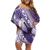 Personalised New Zealand Aotearoa Darts Masters Family Matching Off Shoulder Short Dress and Hawaiian Shirt Maori Art Tattoo with Tribal Dart Symbol Purple LT03 Mom's Dress Purple - Polynesian Pride