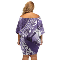 Personalised New Zealand Aotearoa Darts Masters Family Matching Off Shoulder Short Dress and Hawaiian Shirt Maori Art Tattoo with Tribal Dart Symbol Purple LT03 - Polynesian Pride