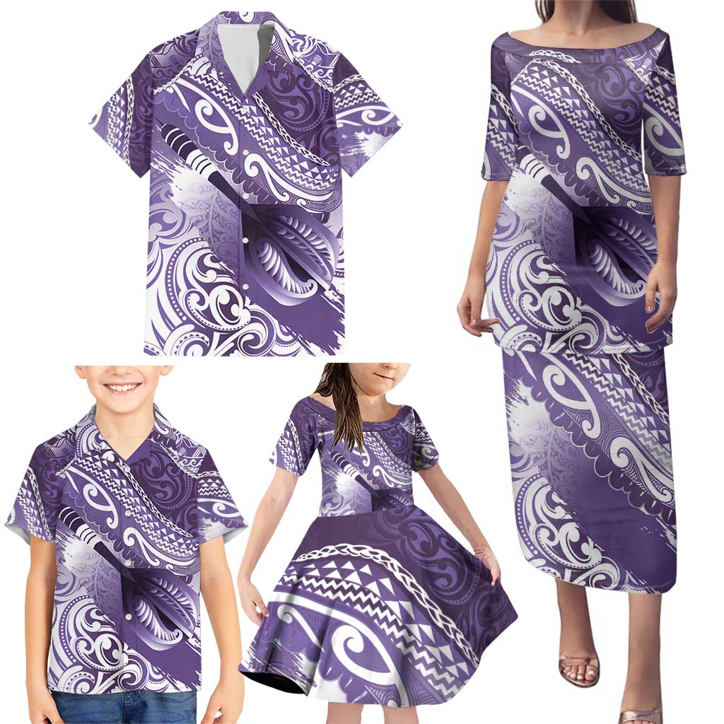 Personalised New Zealand Aotearoa Darts Masters Family Matching Puletasi and Hawaiian Shirt Maori Art Tattoo with Tribal Dart Symbol Purple - Polynesian Pride