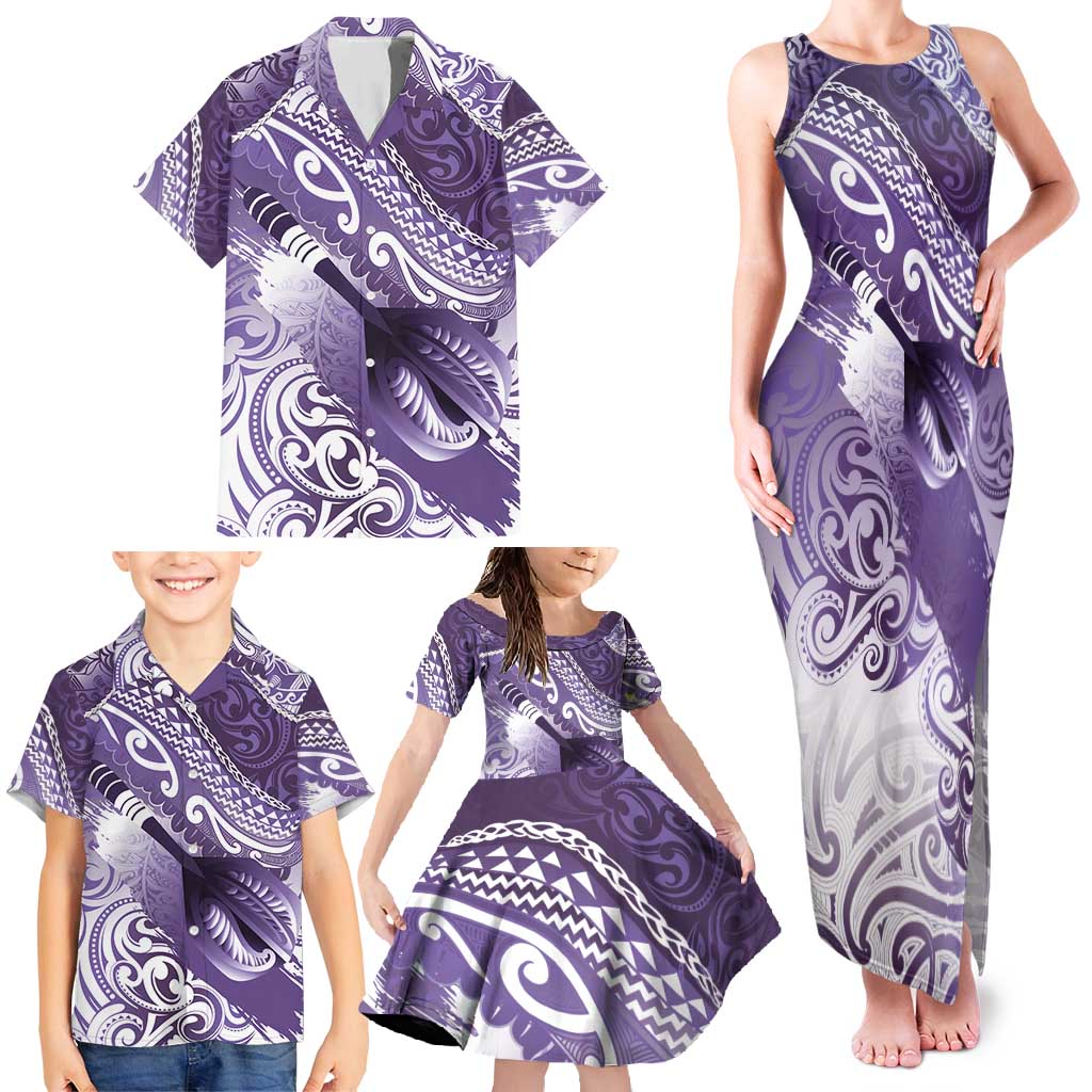 Personalised New Zealand Aotearoa Darts Masters Family Matching Tank Maxi Dress and Hawaiian Shirt Maori Art Tattoo with Tribal Dart Symbol Purple LT03 - Polynesian Pride