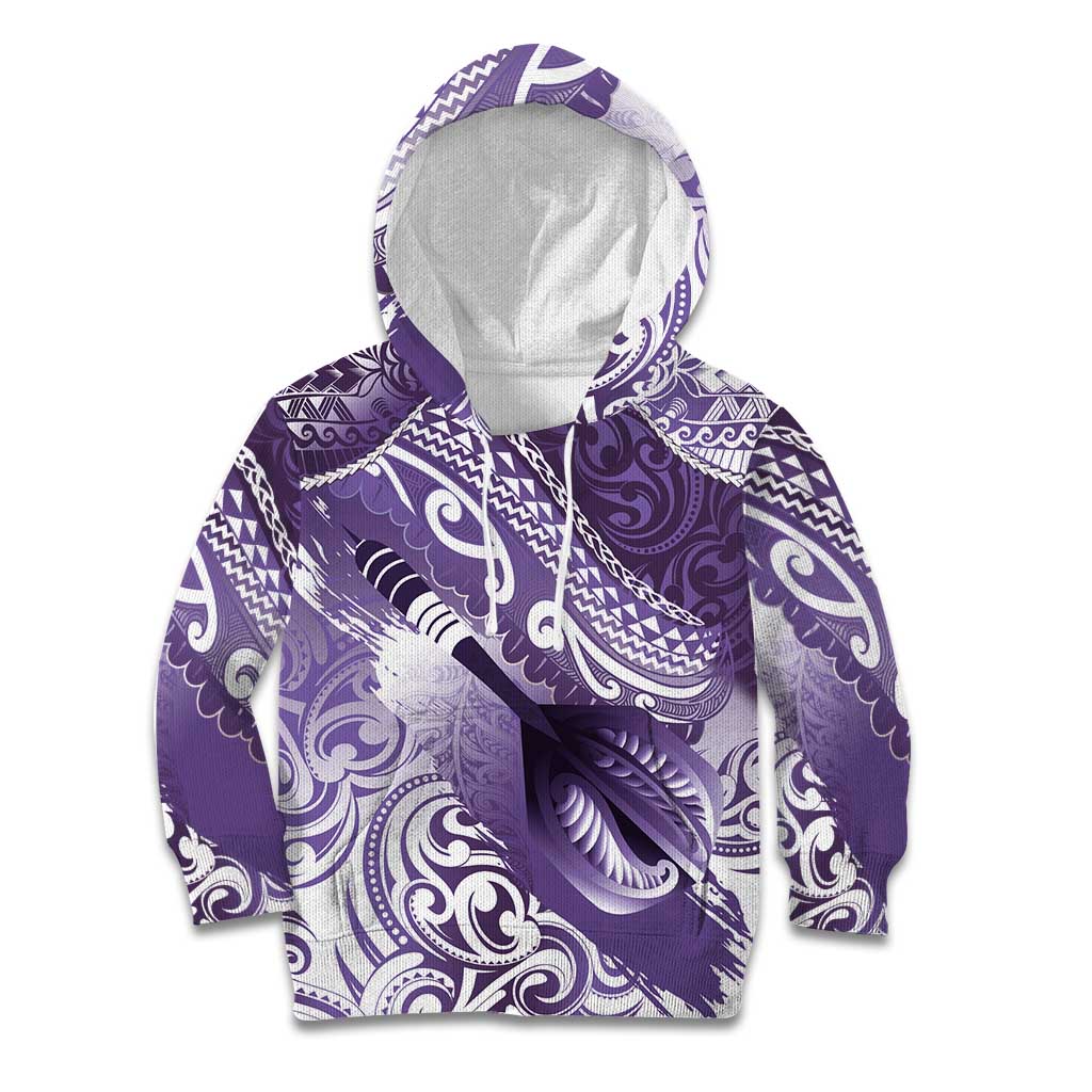 Personalised New Zealand Aotearoa Darts Masters Kid Hoodie Maori Art Tattoo with Tribal Dart Symbol Purple - Polynesian Pride